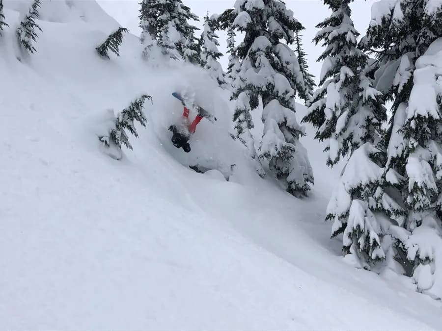 Eric snowboarding deep powder through the trees